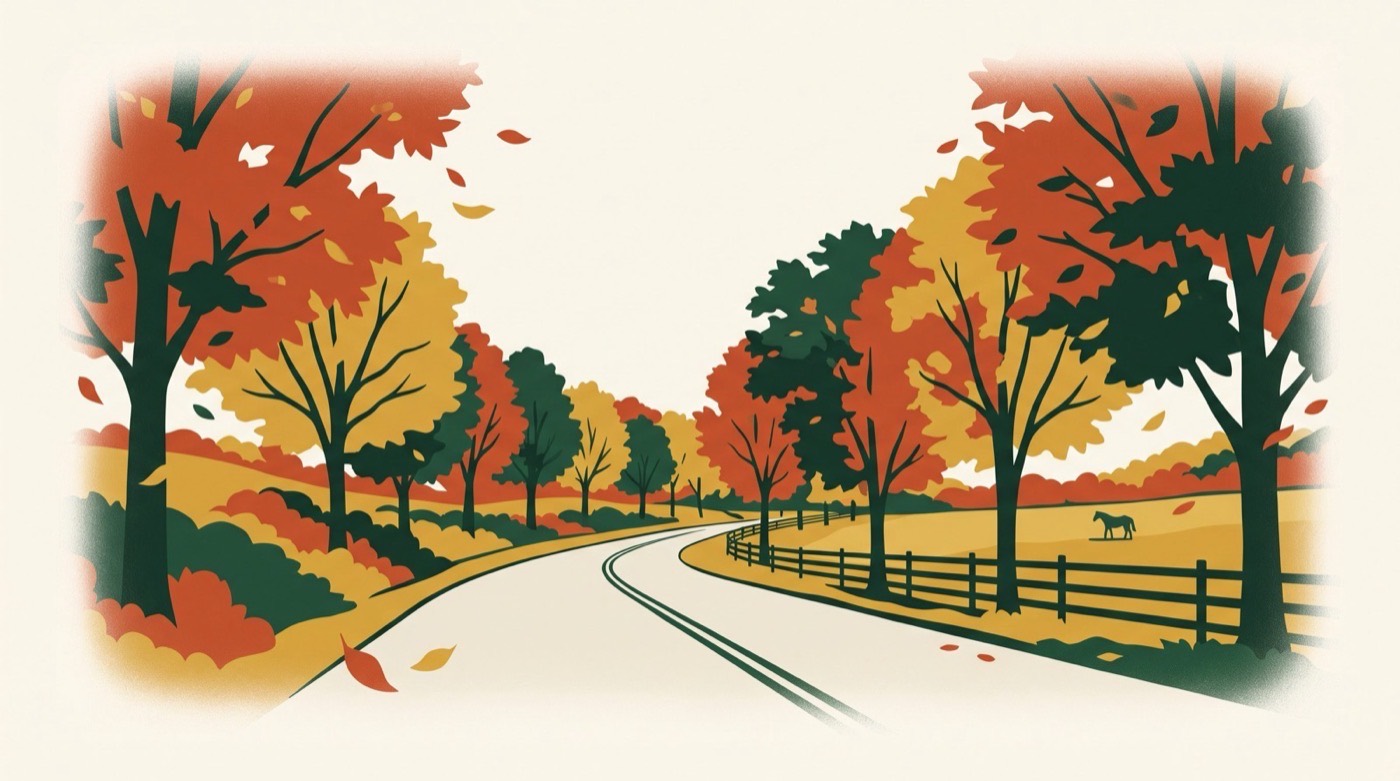 Illustration of a Milton road curving through fall color